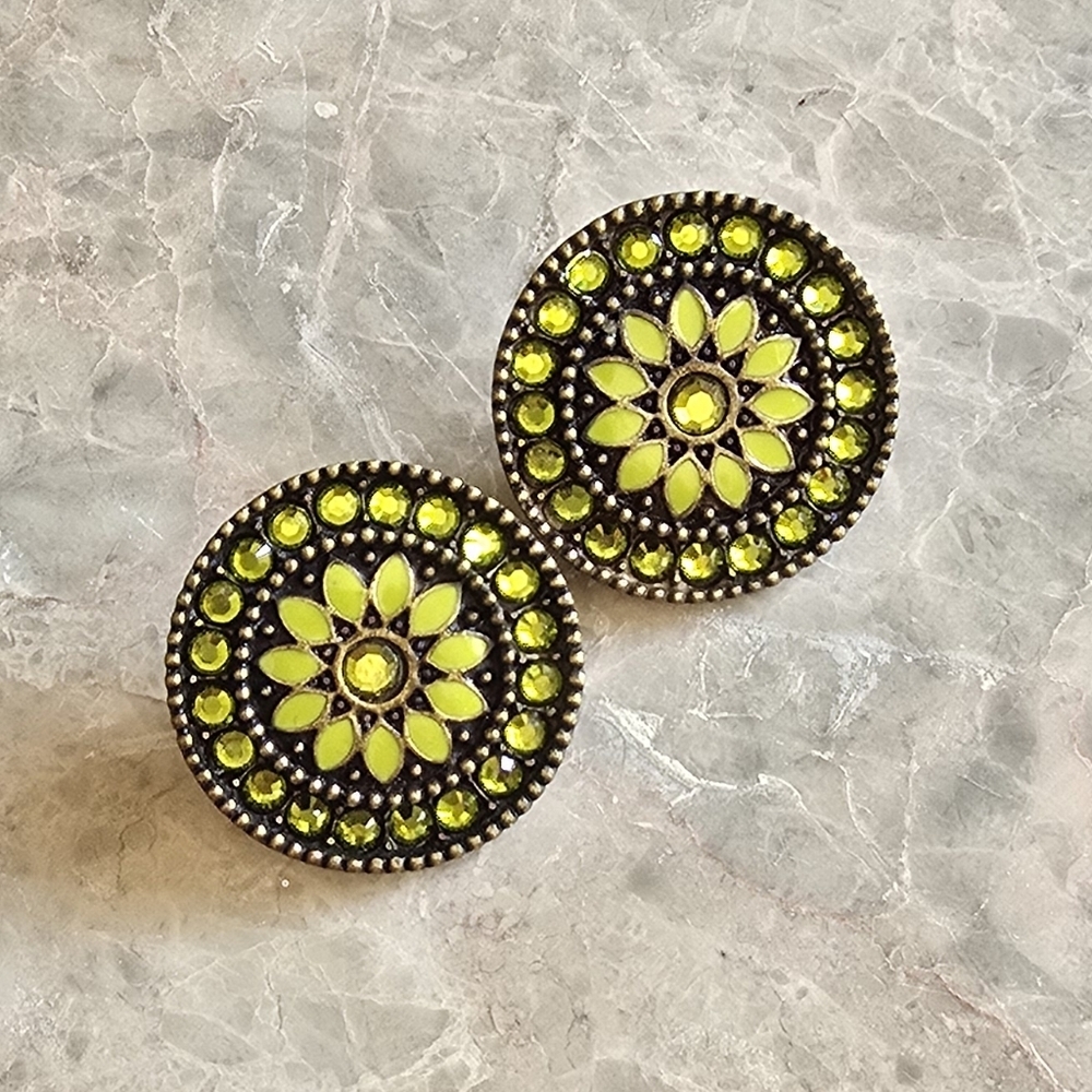 Vintage 1990 antique tone enamel rhinestone clip earrings green round metal